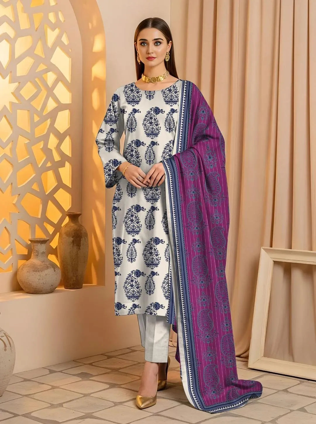 3 Pcs Women's Unstitched Printed Noor-e-Eid Festive Suit S1016