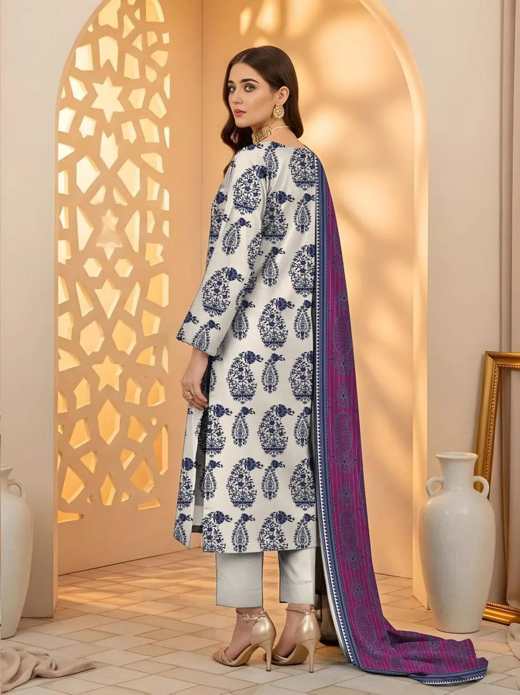 3 Pcs Women's Unstitched Printed Noor-e-Eid Festive Suit S1016